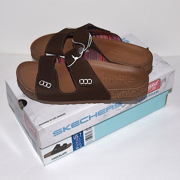 NIB Skechers Luxe Foam Relaxed Fit Sandals in Chocolate - Picture 2 of 7